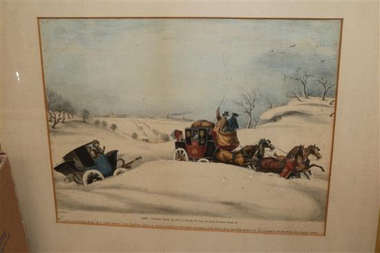 After James Pollard, a set of four coloured lithographs, travellers in the snow and a pair of later limited edition prints 27 x 35cm